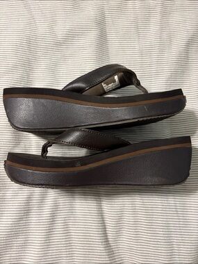 Volatile Frappachino Brown Leather Platform Wedge Thong Sandals